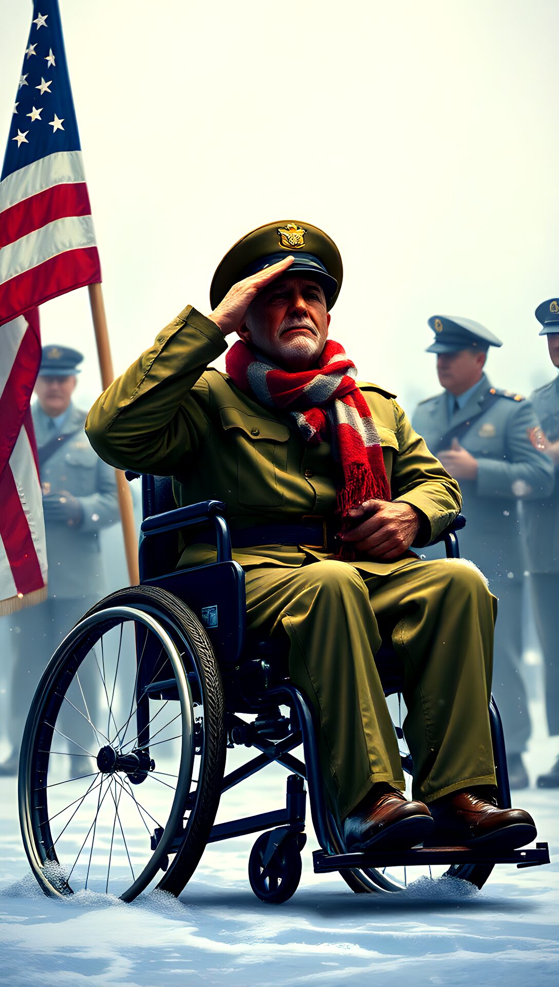 a man in a wheelchair saluting with a flag